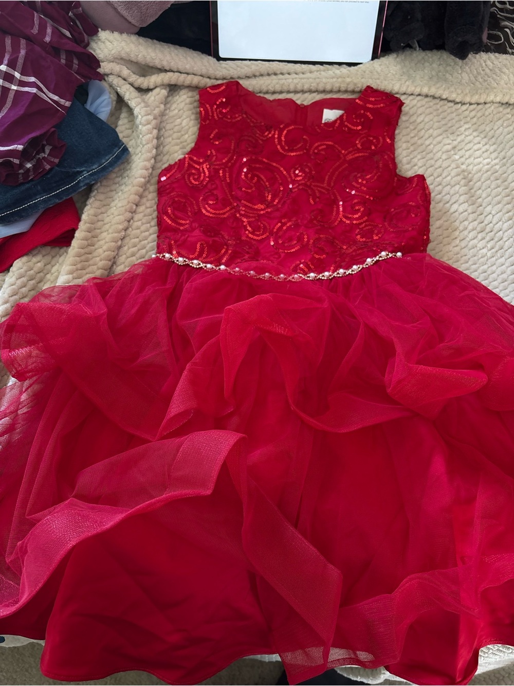 Rare Editions Red Sequin Tulle Dress with Rhinestone Waist